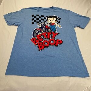 Betty Boop Motorcycle Biker Graphic T-Shirt Mens Large Blue Fleischer Studios